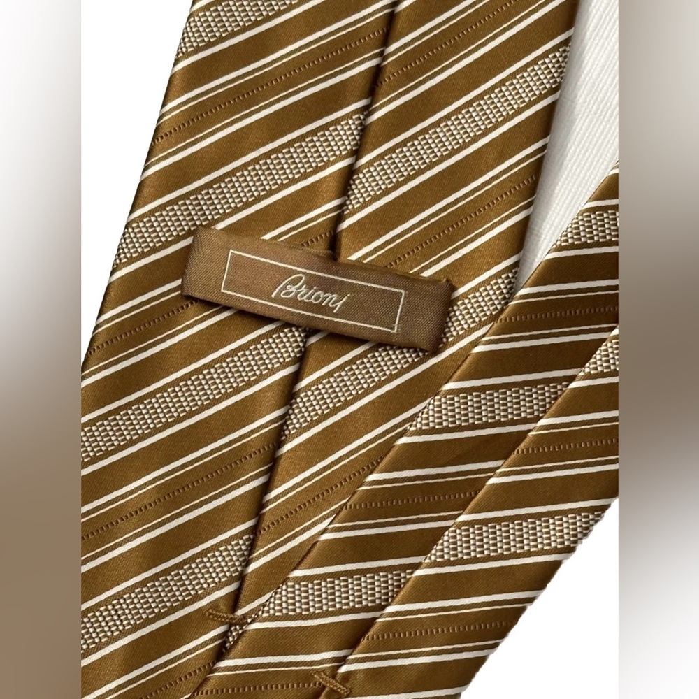 $395 NEW BRIONI TIE DARK GOLD & WHITE DIAGONAL STRIPES HANDMADE LUXURY